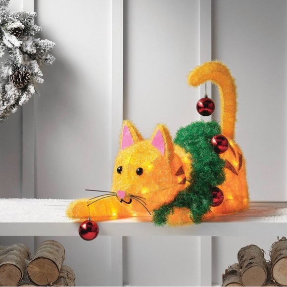 COPY - COPY - Christmas 17.5 Incandescent Orange Tinsel Cat Novelty sculpture. - Picture 2 of 3